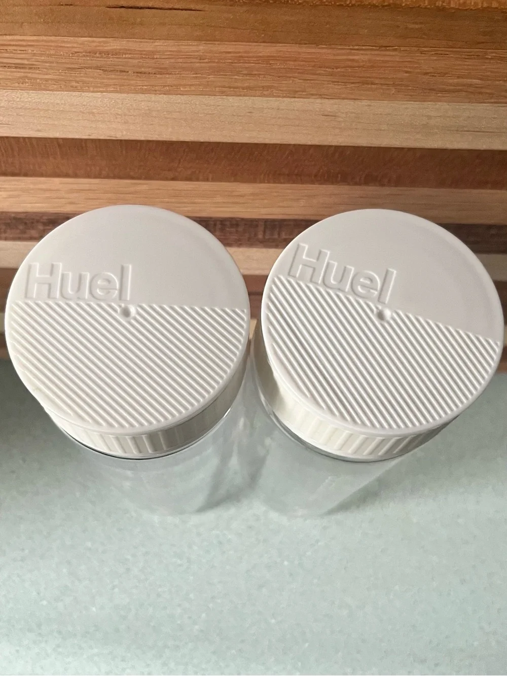 2 Huel Daily Greens Bottles BPA Free Clear with White Lid Dishwasher Safe 13.5oz